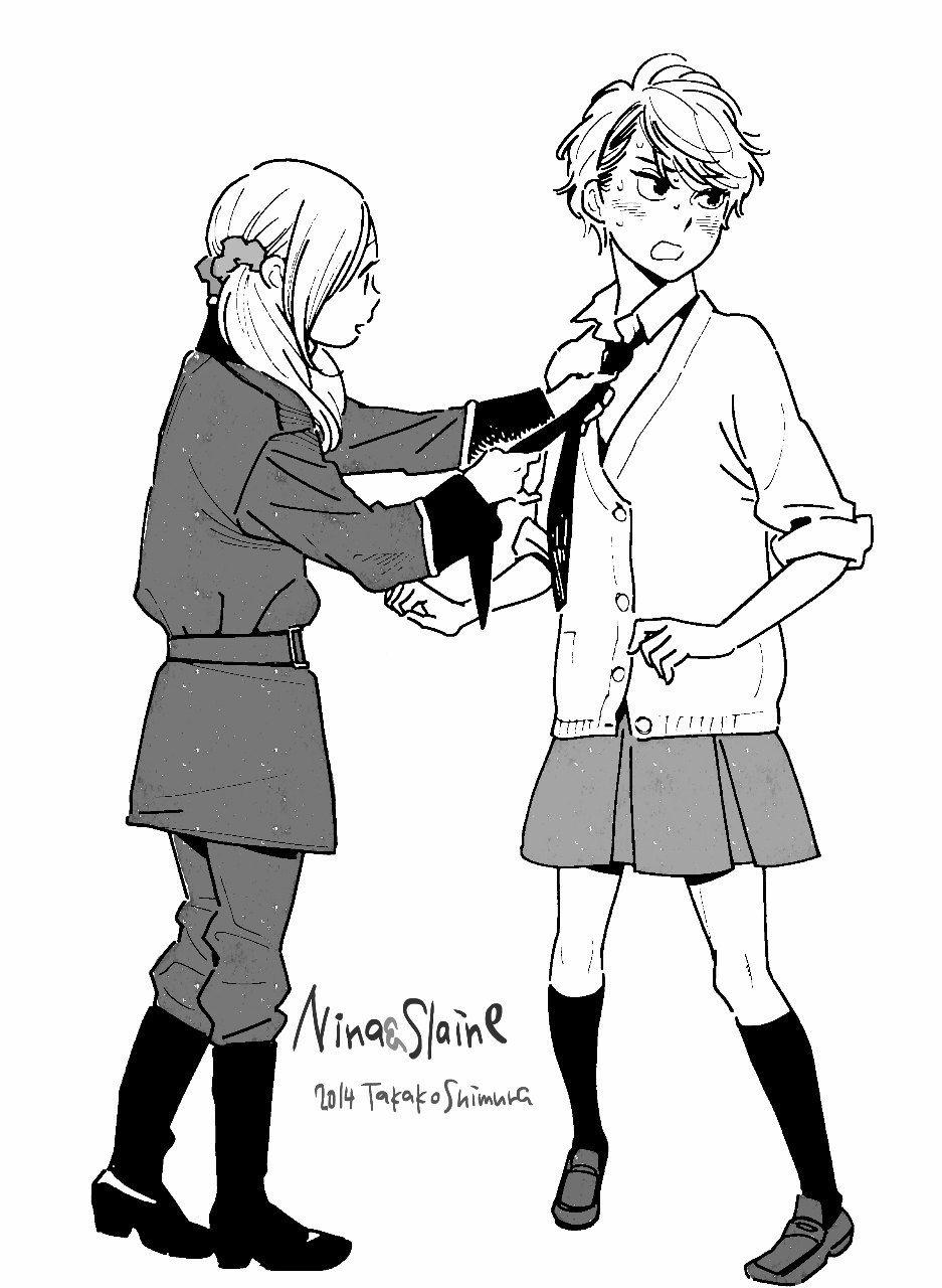 1boy, 1girl, adjusting_clothes, adjusting_necktie, aldnoah.zero, artist_name, blush, boots