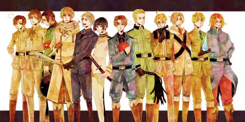 6+boys, ahoge, america_(hetalia), axis_powers_hetalia, bad_id, bad_pixiv_id, beard, belt, blonde_hair, blue_eyes, book, brown_eyes, brown_hair, canada_(hetalia), cheepcheep, china_(hetalia), facial_hair, faucet, france_(hetalia), germany_(hetalia), glasses, green_eyes, grey_hair, gun, handgun, hetaoni, highres, holding, holding_lead_pipe, japan_(hetalia), katana, lead_pipe, male_focus, military, military_uniform, multiple_boys, necktie, northern_italy_(hetalia), open_mouth, pistol, ponytail, prussia_(hetalia), purple_eyes, russia_(hetalia), short_hair, short_ponytail, sidelocks, southern_italy_(hetalia), spain_(hetalia), sword, united_kingdom_(hetalia), weapon, whip, wok, yellow_eyes
