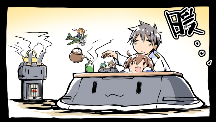 10s, 1boy, 4girls, :3, :d, puff_of_air, admiral_(kancolle), aircraft