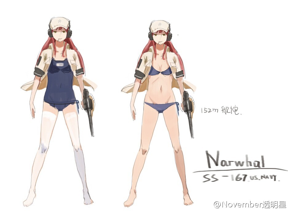 10s, 1girl, bikini, character_name, gun, hat, headphones, jacket, jeanex, kantai_collection, one-piece_swimsuit, original, pacific_(kancolle), school_swimsuit, sketch, swimsuit, united_states, uss_narwhal, uss_narwhal_(ss-167), weapon