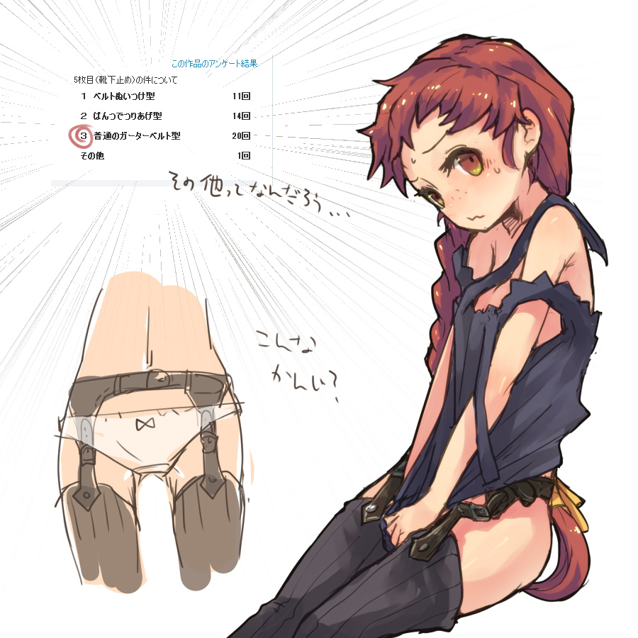 10s, 1girl, blush, braid, brown_hair, freckles, garter_straps, isuzu_(log_horizon), log_horizon, long_hair, mo_(deciliter), panties, thighhighs, translation_request, underwear