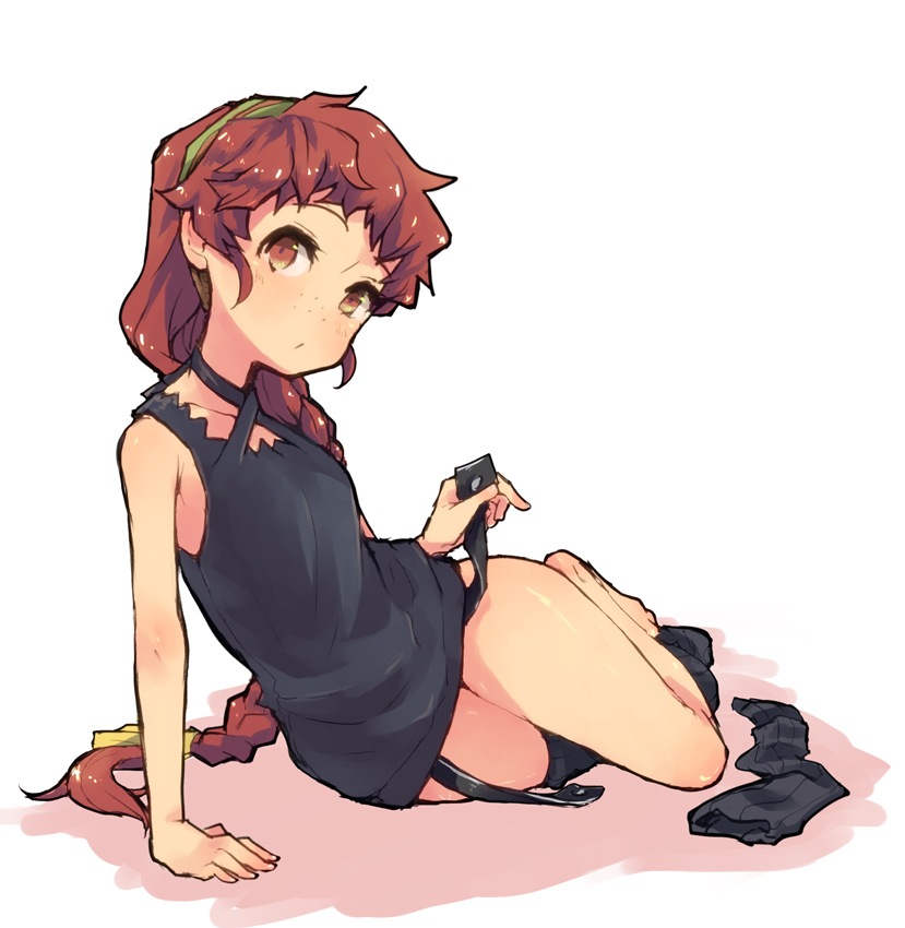 10s, 1girl, barefoot, braid, brown_hair, female_focus, freckles, garter_straps, isuzu_(log_horizon), log_horizon, long_hair, mo_(deciliter), solo, thighhighs