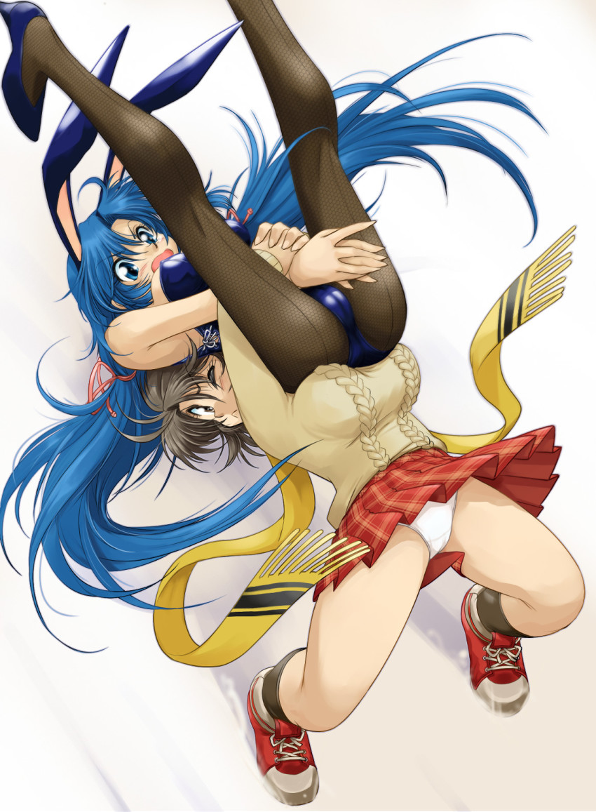 2girls, animal_ears, aran_sweater, ass, black_socks, breasts, cable_knit, commentary_request