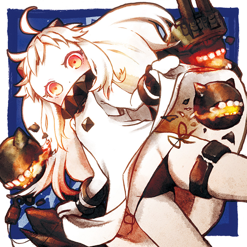 10s, 1girl, abyssal_ship, ahoge, clothes_lift, colored_skin, dress, dress_lift, female_focus, horns, kantai_collection, long_hair, looking_at_viewer, mittens, northern_ocean_princess, orange_eyes, panties, rigging, shinryou_rei, side-tie_panties, solo, underwear, white_dress, white_hair, white_skin