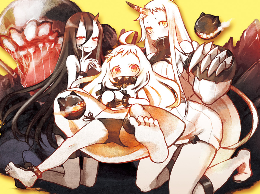 10s, 3girls, abyssal_ship, ahoge, battleship_princess, black_hair, black_panties, claws