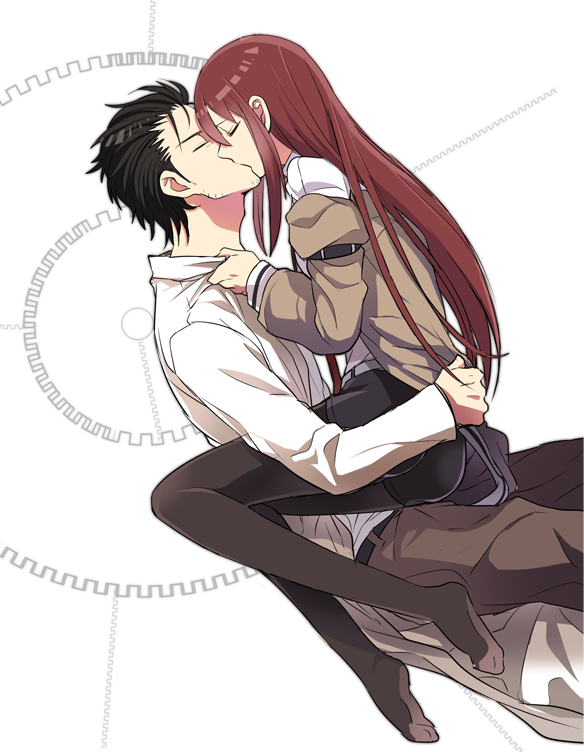1boy, 1girl, 5pb., black_hair, brown_hair, closed_eyes, couple, facial_hair, feet, hetero, jacket, kiss, kzouzou, lab_coat, makise_kurisu, nitroplus, okabe_rintarou, pantyhose, pantyhose_under_shorts, science_adventure, shorts, steins;gate, stubble