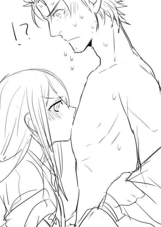 1boy, 1girl, 5pb., blush, chest_kiss, couple, facial_hair, greyscale