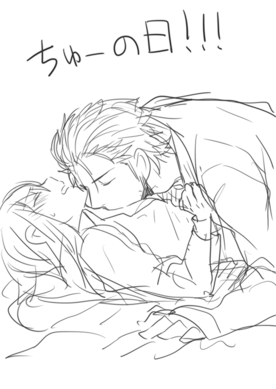 1boy, 1girl, 5pb., blush, couple, facial_hair, greyscale, hetero