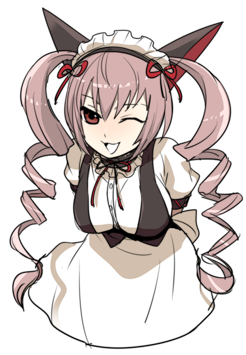 1girl, 5pb., ;d, akiha_rumiho, apron, arms_behind_back, drill_hair, faris_nyannyan