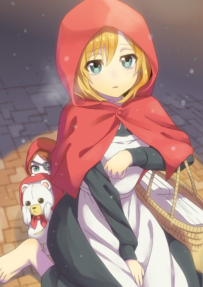 1girl, 403_(artist), andersen's_fairy_tales, apron, basket, blonde_hair, blue_eyes, breath