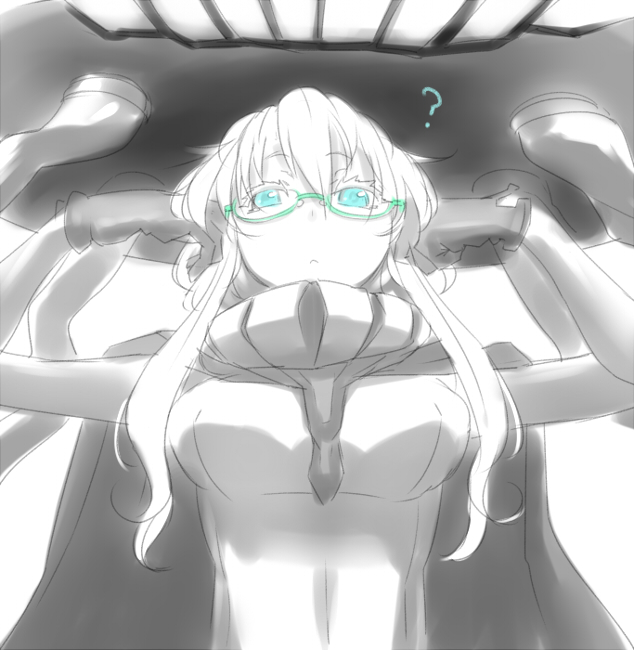 10s, 1girl, :<, ?, abyssal_ship, ajino_(sakanahen), aqua-framed_glasses, aqua_eyes