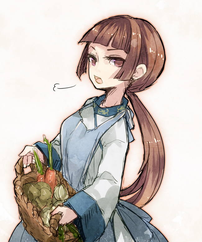 10s, 1girl, apron, basket, blunt_bangs, brown_eyes, brown_hair, carrot, female_focus, garlic, hime_cut, log_horizon, long_hair, mo_(deciliter), open_mouth, ponytail, potato, solo, upashi