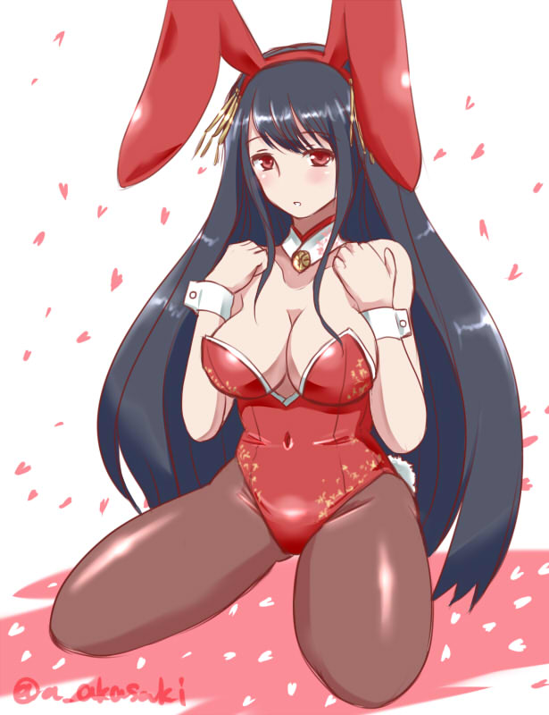 10s, 1girl, adapted_costume, akai_akasaki, alternate_costume, animal_ears, black_hair, breasts, cleavage, detached_collar, fake_animal_ears, fusou_(kancolle), kantai_collection, large_breasts, long_hair, pantyhose, playboy_bunny, rabbit_ears, rabbit_tail, red_eyes, tail, very_long_hair, wrist_cuffs