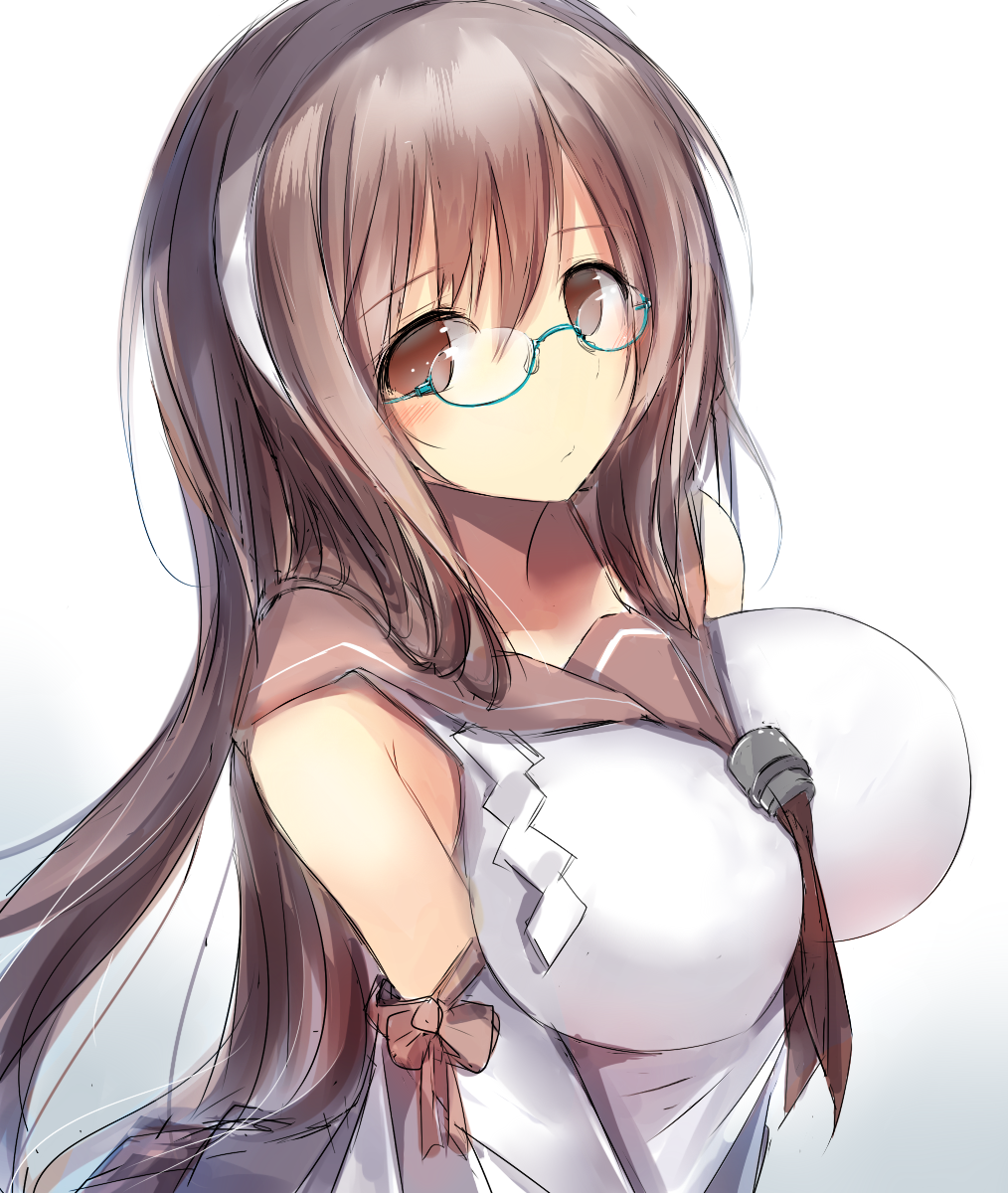 10s, 1girl, aged_up, aqua-framed_glasses, bespectacled, blush, breasts, brown_eyes, brown_hair, female_focus, glasses, gradient_background, grey_background, hairband, highres, kantai_collection, large_breasts, long_hair, looking_at_viewer, nao_(qqqbb), natori_(kancolle), school_uniform, semi-rimless_eyewear, serafuku, sketch, solo, under-rim_eyewear, very_long_hair, white_background
