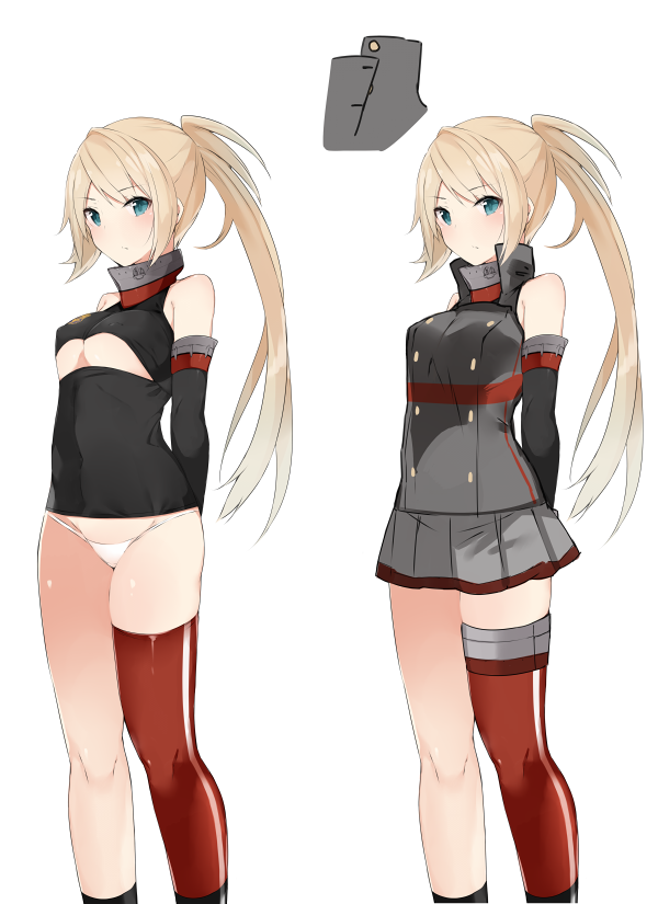 10s, 1girl, akiha_(attract), aqua_eyes, bad_id, bad_twitter_id, bare_shoulders, blonde_hair, cropped_legs, high_ponytail, hms_renown, kantai_collection, long_hair, multiple_views, original, panties, ponytail, simple_background, single_thighhigh, thighhighs, underwear, white_background