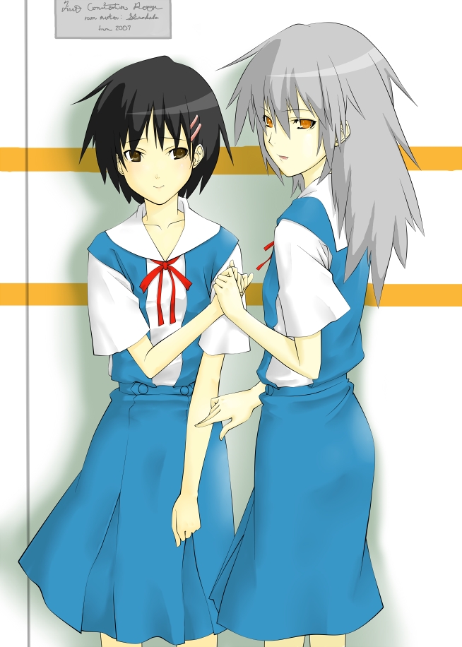 2girls, genderswap, genderswap_(mtf), holding_hands, ikari_shinji, kaworu-chan, long_hair, multiple_girls, nagisa_kaworu, neon_genesis_evangelion, ribbon, school_uniform, serafuku, shin-chan_(evangelion), shinko, shira-kaba