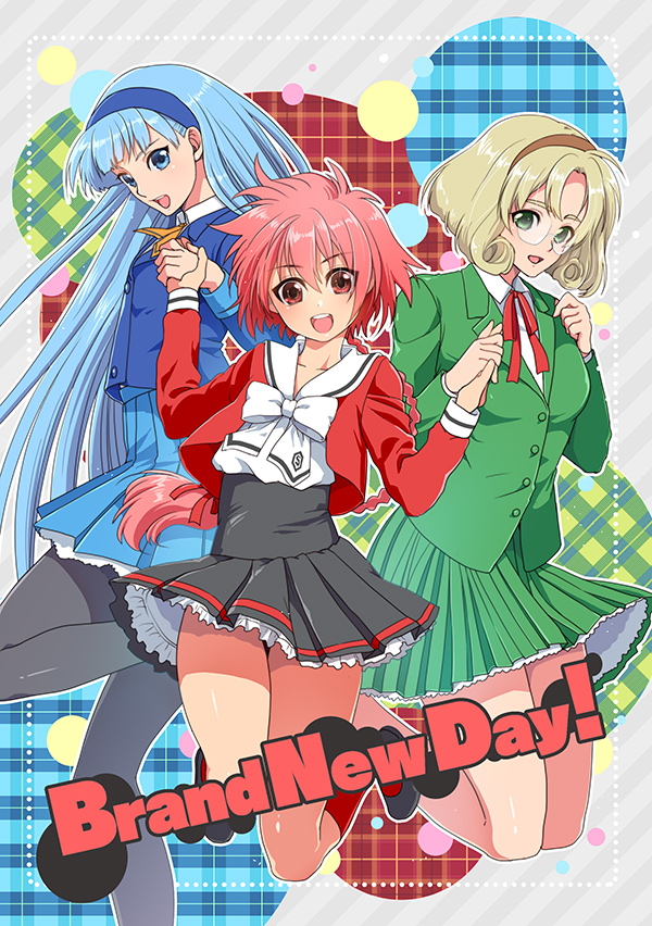 1990s_(style), 3girls, blonde_hair, blue_eyes, blue_hair, blue_hairband, blue_skirt, braid