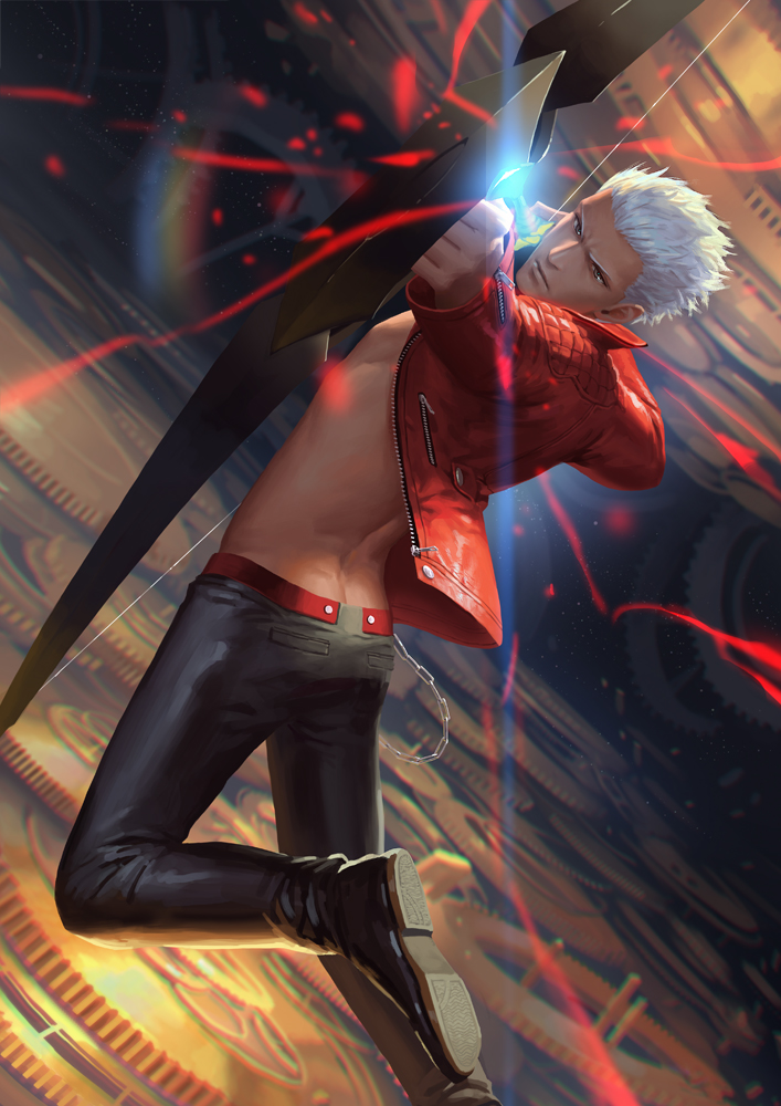 10s, 1boy, archer_(cool_and_wild)_(fate), archer_(fate), boots, bow_(weapon), collar, dark_skin