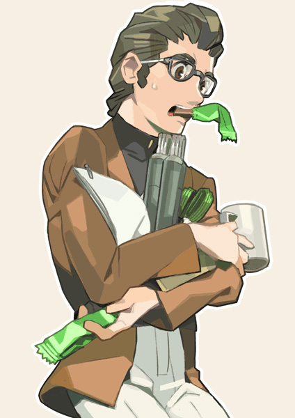 1boy, bento_malus, black_hair, brown_eyes, cup, densetsu_kyojin_ideon, food, glasses