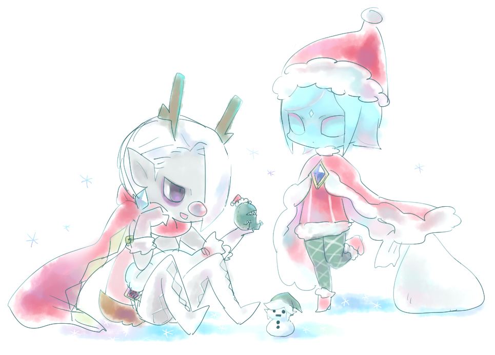 1boy, 1girl, bag, blue_eyes, blue_hair, blue_skin, christmas, colored_skin, empty_eyes, fi_(zelda), ghirahim, hat, hyrule_warriors, nintendo, origo, santa_costume, santa_hat, short_hair, snow, snowman, the_legend_of_zelda, the_legend_of_zelda:_skyward_sword, thighhighs