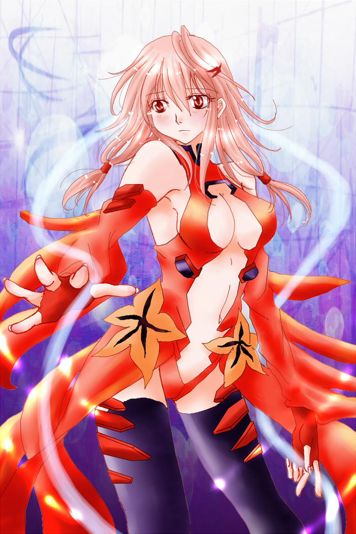 10s, 1girl, bare_shoulders, black_thighhighs, blush, breasts, center_opening, cleavage