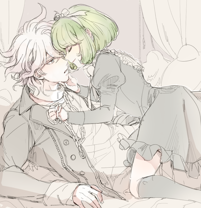 10s, 1boy, 1girl, age_difference, bad_id, bad_pixiv_id, blue_eyes, chain