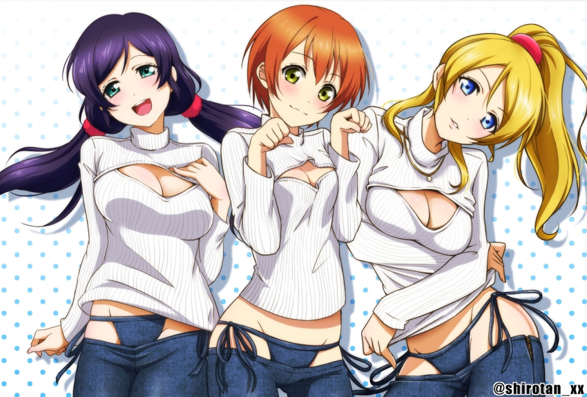 10s, 3girls, ayase_eli, bikini_jeans, blonde_hair, blue_eyes, blush, breasts, cleavage, cleavage_cutout, clothing_cutout, collage, contrapposto, cowboy_shot, denim, green_eyes, groin, head_tilt, hoshizora_rin, jeans, jewelry, large_breasts, looking_at_viewer, love_live!, love_live!_school_idol_project, low_twintails, lowleg, lowleg_pants, multiple_girls, necklace, open-chest_sweater, orange_hair, pants, paw_pose, ponytail, purple_hair, ribbed_sweater, scrunchie, shiroyasha, short_hair, small_breasts, standing, sweater, tojo_nozomi, turtleneck, twintails, yellow_eyes