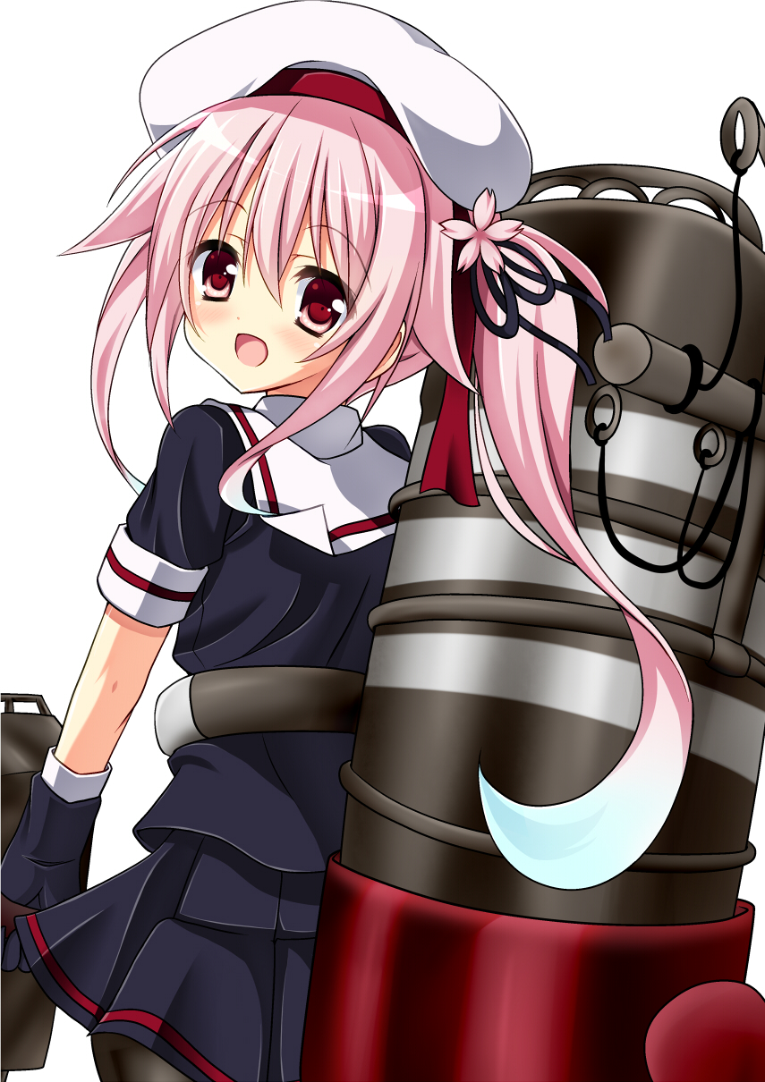 10s, 1girl, :d, beret, blue_hair, gloves, gradient_hair, harusame_(kancolle)