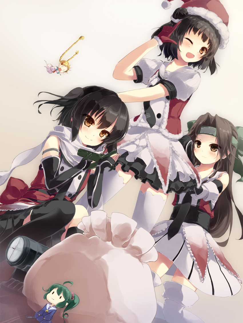10s, 5girls, :d, ;d, ahoge, aircraft, airplane, black_gloves, black_hair, blonde_hair, brown_eyes, brown_hair, double_bun, dutch_angle, elbow_gloves, fairy_(kancolle), forehead_protector, gengetsu_chihiro, gloves, green_hair, hair_bun, hair_ornament, hairclip, highres, jintsuu_(kancolle), kantai_collection, kneeling, long_hair, looking_at_viewer, multiple_girls, naka_(kancolle), one_eye_closed, open_mouth, ponytail, red_gloves, remodel_(kantai_collection), scarf, school_uniform, searchlight_(kancolle), sendai_(kancolle), serafuku, short_hair, smile, squatting, thighhighs, two_side_up, type_98_recon_seaplane_fairy, white_legwear, white_scarf, zettai_ryouiki, |_|