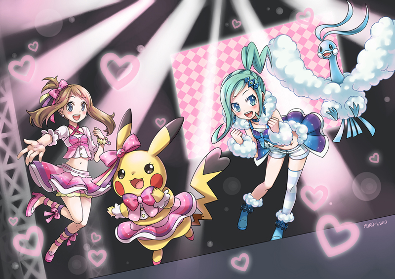 10s, 2girls, altaria, aqua_hair, blue_eyes, brown_hair, clothed_pokemon, cosplay_pikachu
