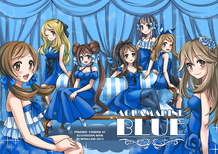 6+girls, annotated, bare_shoulders, bike_shorts, black_hair, blonde_hair, blue_eyes, blue_theme