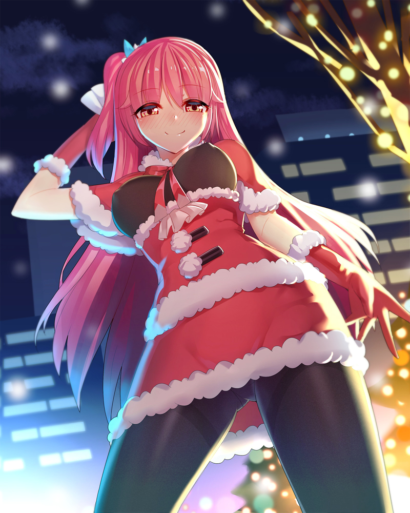 1girl, black_pantyhose, blush, breasts, christmas, covered_erect_nipples, cowboy_shot, emily_(ririko)