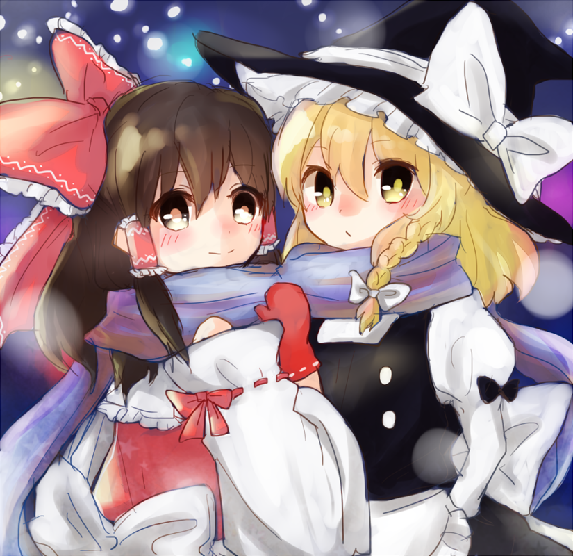 2girls, blonde_hair, blush, bow, braid, brown_eyes, brown_hair, hair_bow, hair_tubes, hakurei_reimu, hat, hat_bow, kirisame_marisa, mayo_(mayomr29), multiple_girls, scarf, shared_clothes, shared_scarf, side_braid, snowing, touhou, witch_hat, yellow_eyes, yuri