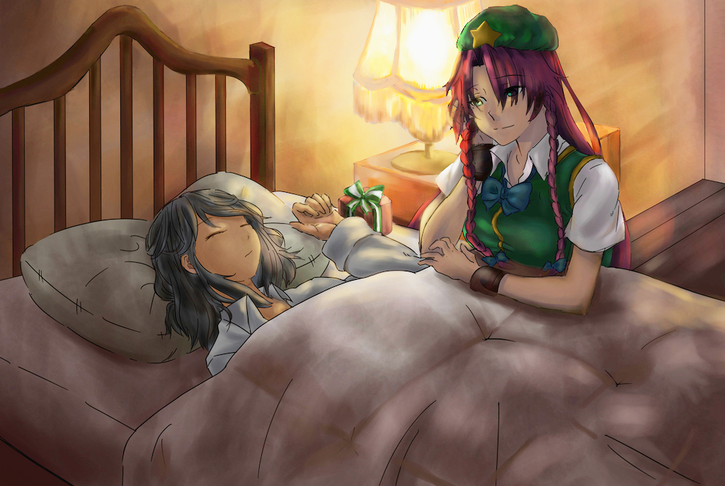 2girls, bad_id, bad_pixiv_id, bed, bed_sheet, bedroom, beret, bow, braid, breasts, christmas, eyes_visible_through_hair, green_eyes, hair_bow, hair_down, hand_on_own_face, hat, hong_meiling, izayoi_sakuya, lamp, light_smile, long_hair, looking_at_another, mitsu_(mitu_ll), multiple_girls, pajamas, pillow, red_hair, short_hair, short_sleeves, silver_hair, sketch, sleeping, sleepwear, star_(symbol), touhou, twin_braids, wrist_cuffs