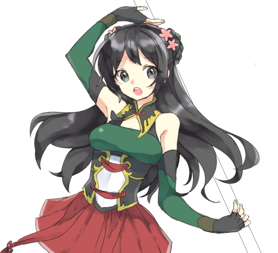 1girl, black_hair, corset, elbow_gloves, female_focus, fingerless_gloves, flower, gloves, guan_yinping_(shin_sangoku_musou), hair_flower, hair_ornament, jyukariko, long_hair, open_mouth, shin_sangoku_musou, shin_sangoku_musou_7, simple_background, skirt, solo, white_background