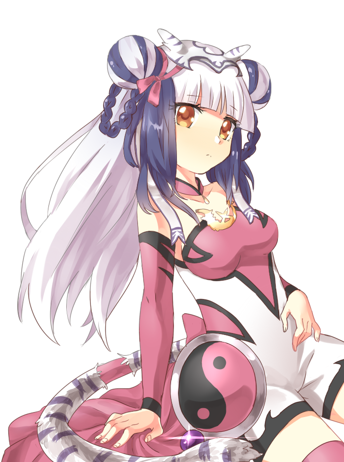 1girl, black_hair, female_focus, haku_(p&amp;d), jyukariko, multicolored_hair, puzzle_&amp;_dragons, simple_background, sitting, solo, spandex, tail, thighhighs, tiger_tail, white_background, white_hair, yellow_eyes, zettai_ryouiki