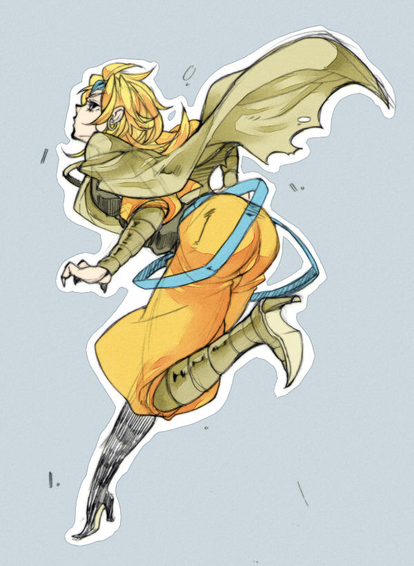 1girl, ass, blonde_hair, boots, cape, claws, crtr_melco, dio_brando, female_focus, genderswap, genderswap_(mtf), headband, high_heels, jojo_no_kimyou_na_bouken, running, solo