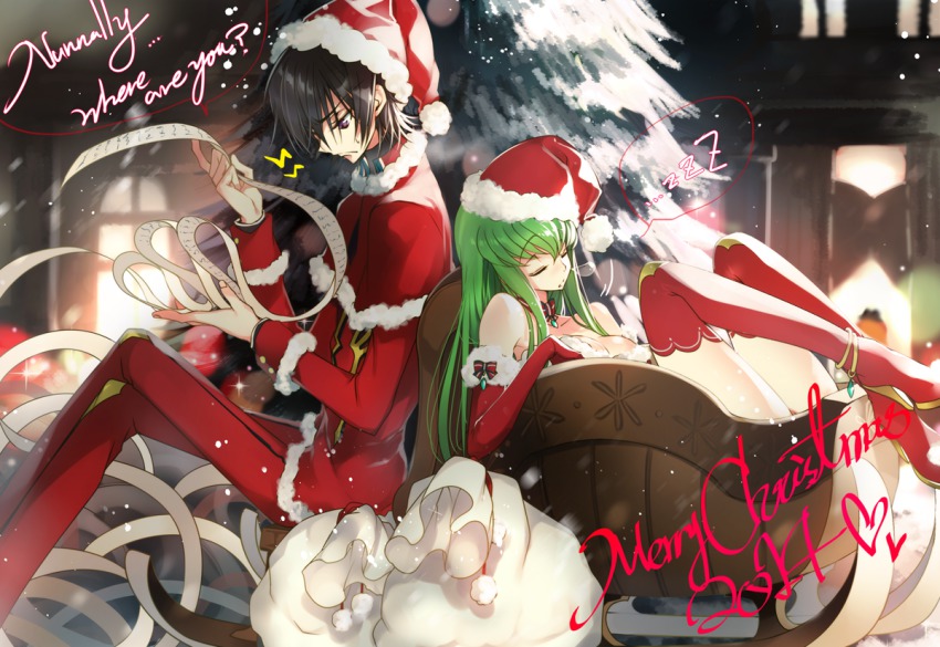 1boy, 1girl, bare_shoulders, black_hair, c.c., christmas, code_geass, creayus, english_text, green_hair, hat, high_heels, lelouch_vi_britannia, long_hair, merry_christmas, purple_eyes, reading, red_thighhighs, sack, santa_costume, santa_hat, short_hair, sledding, sleeping, snow, thighhighs, winter, winter_clothes