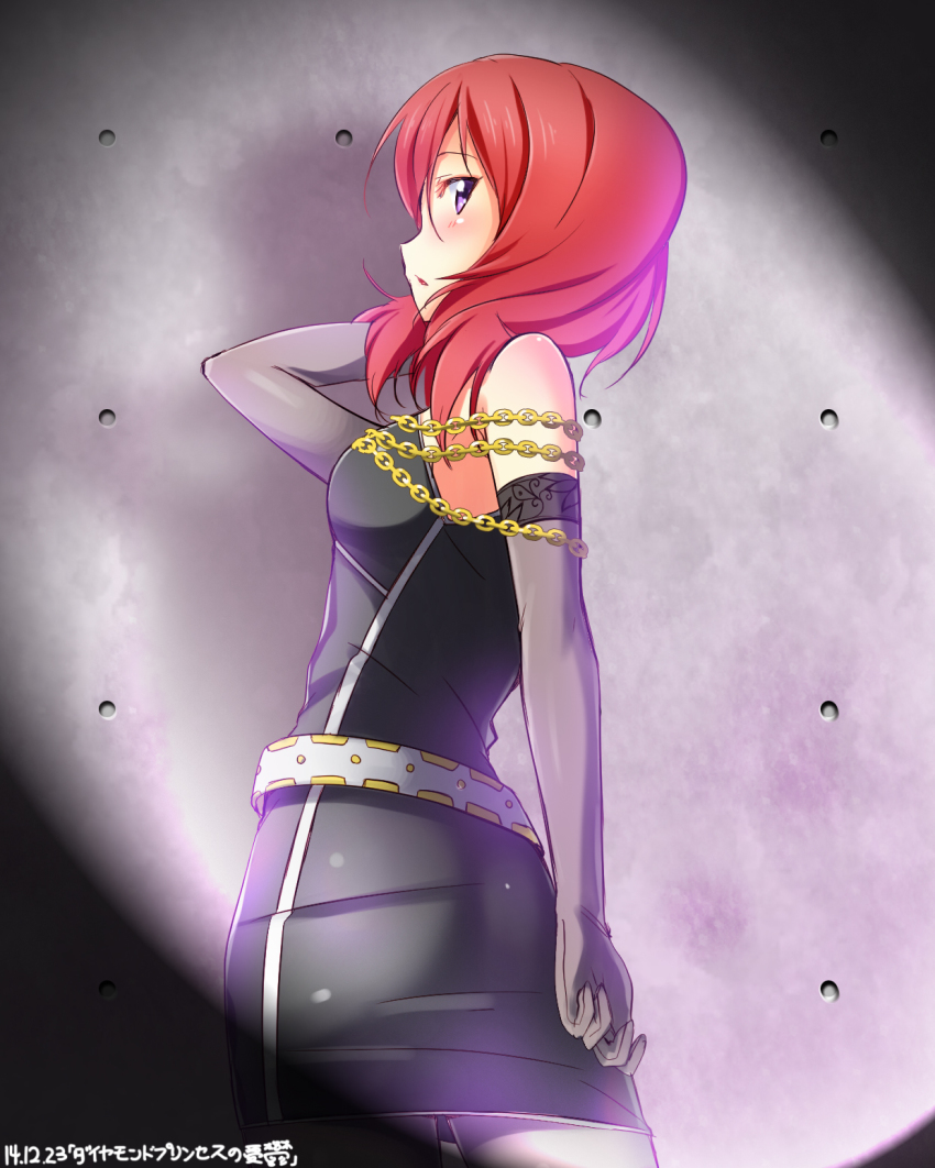 10s, 1girl, arm_up, bare_shoulders, belt, blush, cowboy_shot, diamond_princess_no_yuuutsu, elbow_gloves, female_focus, from_side, gloves, grey_gloves, highres, looking_at_viewer, love_live!, love_live!_school_idol_project, nishikino_maki, pencil_skirt, purple_eyes, red_hair, skirt, solo, song_name, spotlight, yu-ta