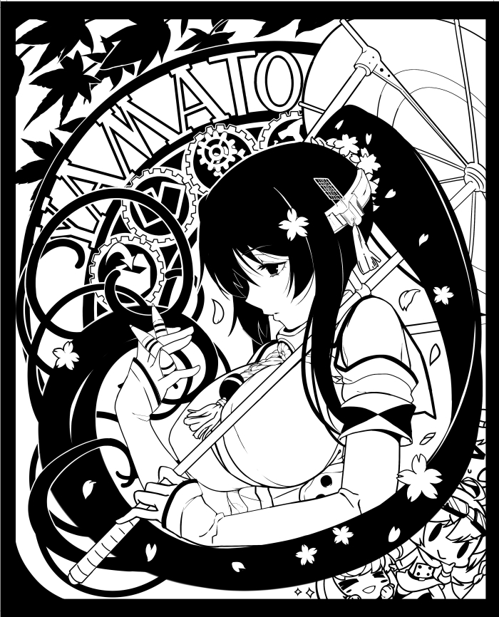 10s, 3girls, 46cm_triple_gun_mount, =_=, art_nouveau, between_fingers, breasts, character_name