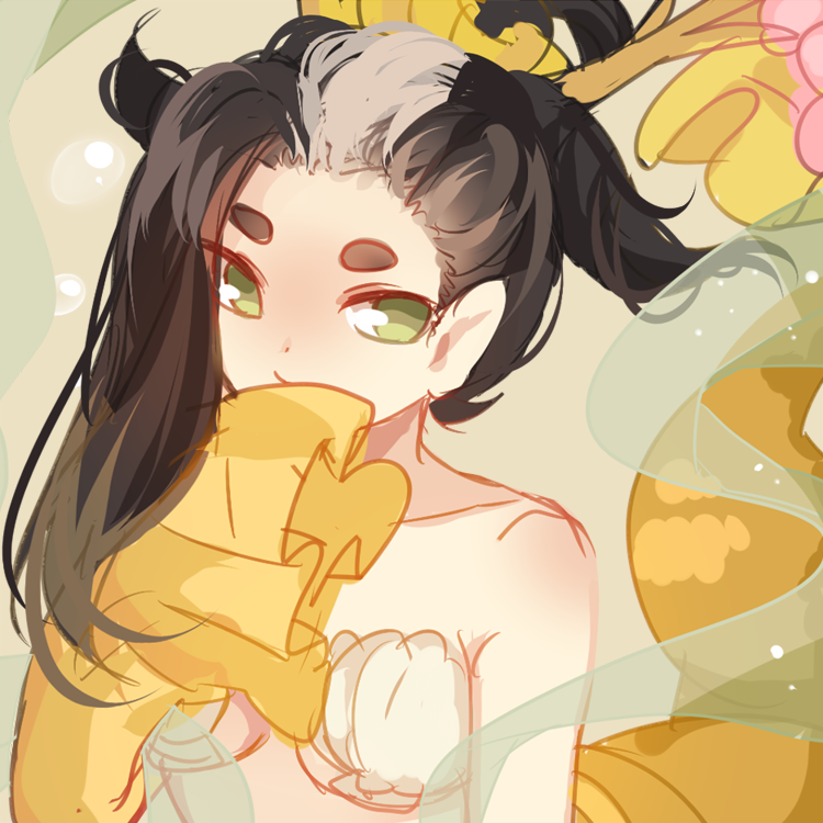 10s, 1girl, bad_id, bad_pixiv_id, bare_shoulders, bikini, brown_hair, female_focus, green_eyes, long_hair, looking_at_viewer, mermaid, monster_girl, no_pupils, shell, shell_bikini, shouen_kigashi, sketch, solo, upper_body, yaobikuni_(youkai_watch), youkai_watch