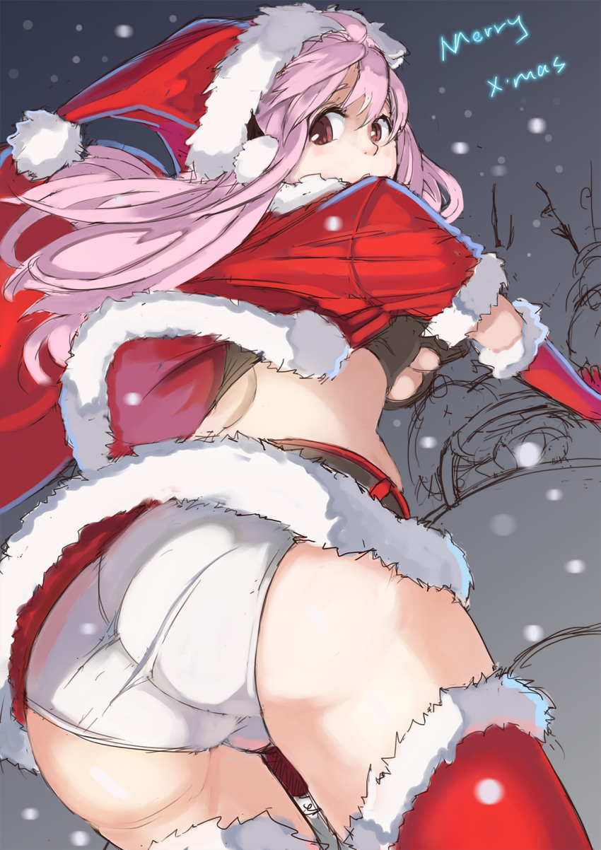 1girl, adapted_costume, ass, breasts, christmas, female_focus, gradient_background, hat, headphones, highres, hikari123456, large_breasts, long_hair, looking_at_viewer, nitroplus, open_mouth, panties, partially_colored, pink_hair, red_eyes, santa_costume, santa_hat, skirt, solo, super_sonico, thighhighs, underboob, underwear