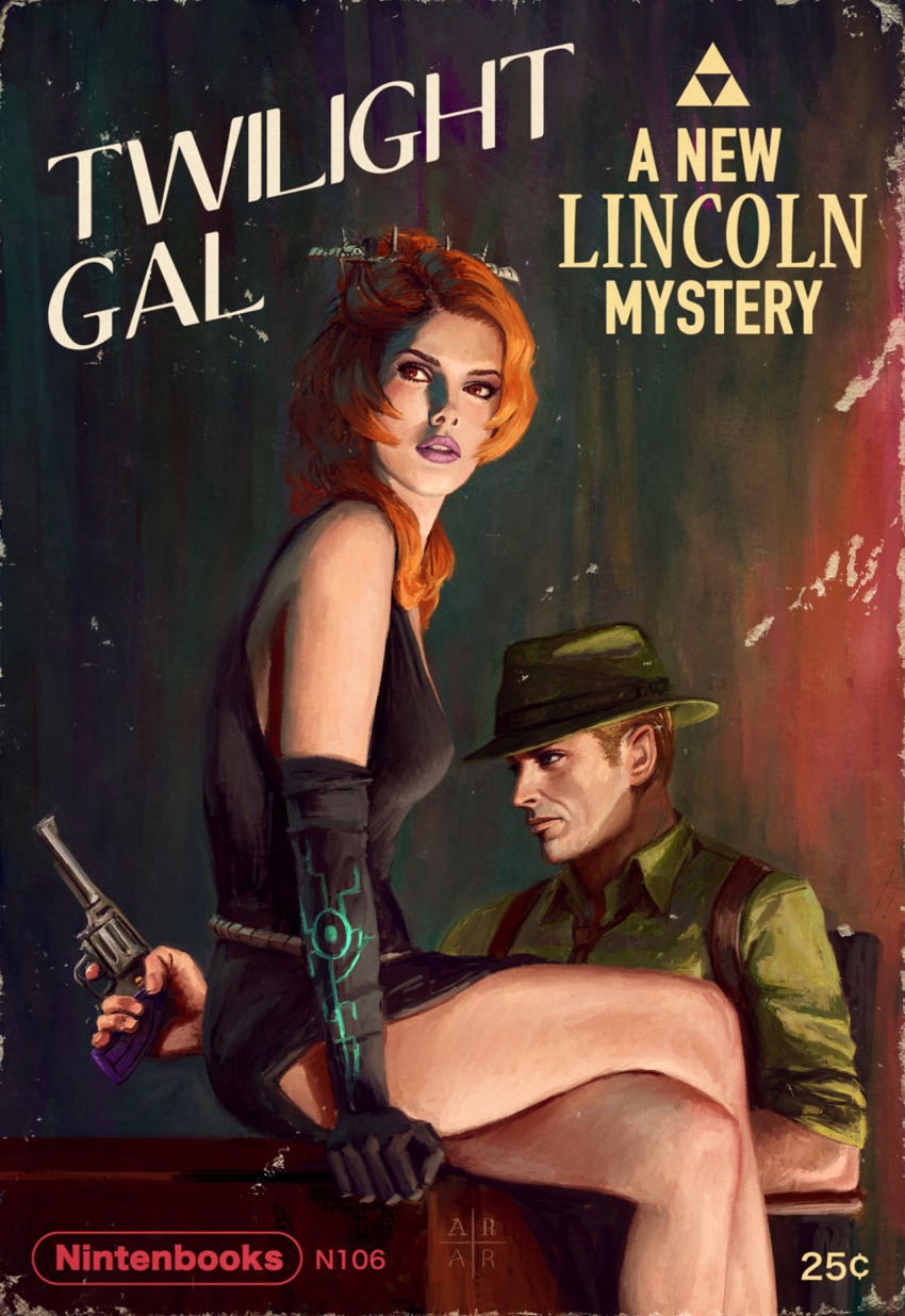 1boy, 1girl, astor_alexander, blonde_hair, commentary, cover, crossed_legs, derivative_work, detective, dress, elbow_gloves, english_text, fake_cover, gloves, gun, hair_ornament, handgun, hat, highres, link, lips, master_sword, md5_mismatch, midna, midna_(true), necktie, nintendo, orange_eyes, orange_hair, parody, parted_lips, personification, realistic, reference_work, revolver, sitting, style_parody, the_legend_of_zelda, the_legend_of_zelda:_twilight_princess, title_parody, weapon