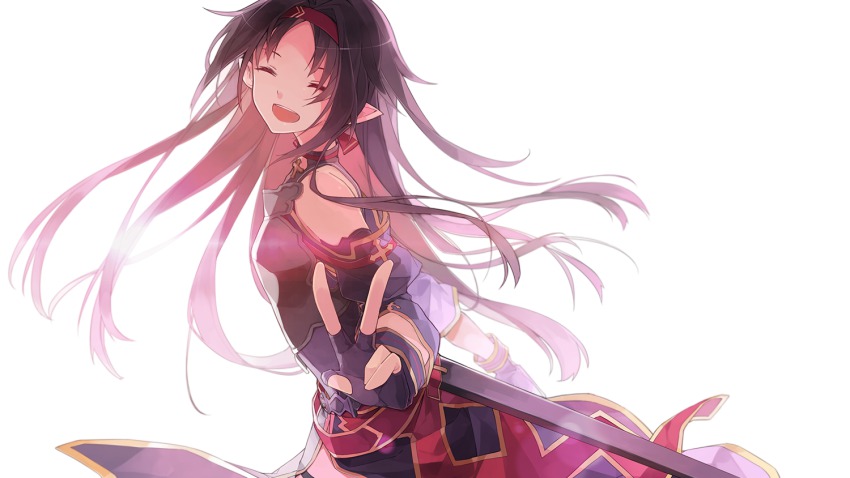 10s, 1girl, ^_^, bare_shoulders, bloom, closed_eyes, female_focus, fingerless_gloves, gloves, hairband, long_hair, makkamatsuri, open_mouth, purple_eyes, simple_background, solo, sword_art_online, v, white_background, yuuki_(sao)