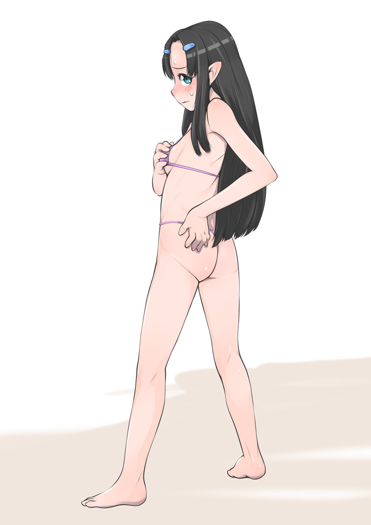 1girl, bad_id, bad_pixiv_id, barefoot, bikini, black_hair, blue_eyes, blush, female_focus, j7w, kawahime, long_hair, micro_bikini, neko_musume_michikusa_nikki, pointy_ears, simple_background, solo, swimsuit, thong, thong_bikini