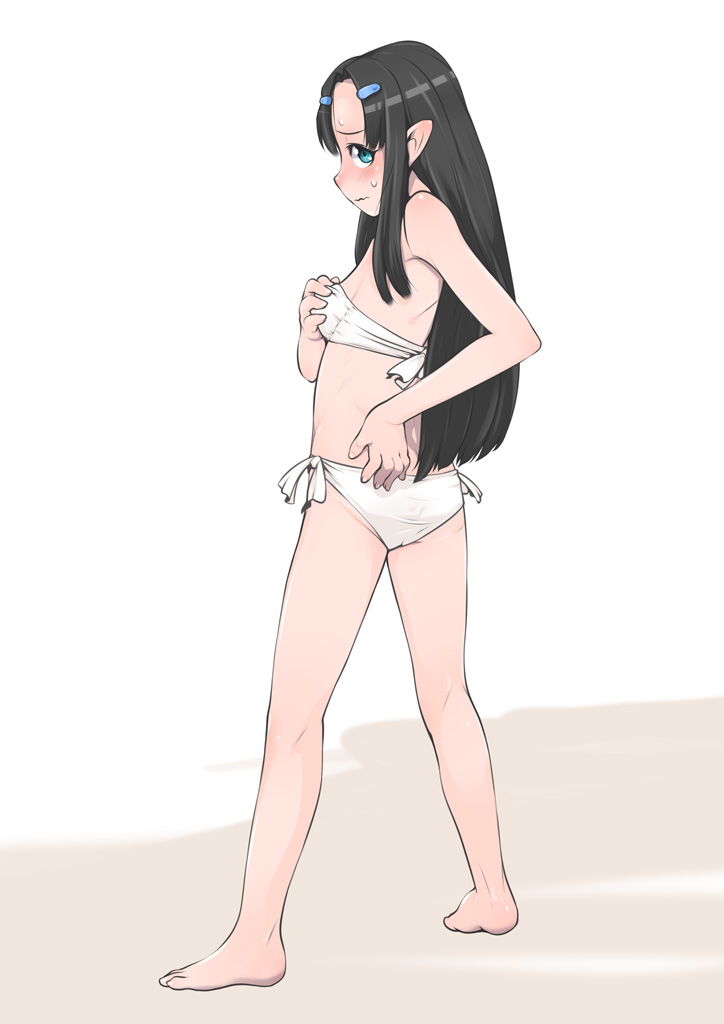 1girl, bad_id, bad_pixiv_id, barefoot, bikini, black_hair, blue_eyes, blush, breasts, embarrassed, female_focus, from_behind, hair_ornament, hairclip, j7w, kawahime, long_hair, looking_at_viewer, looking_back, neko_musume_michikusa_nikki, pointy_ears, side-tie_bikini_bottom, simple_background, small_breasts, solo, swimsuit, very_long_hair, wavy_mouth, white_bikini