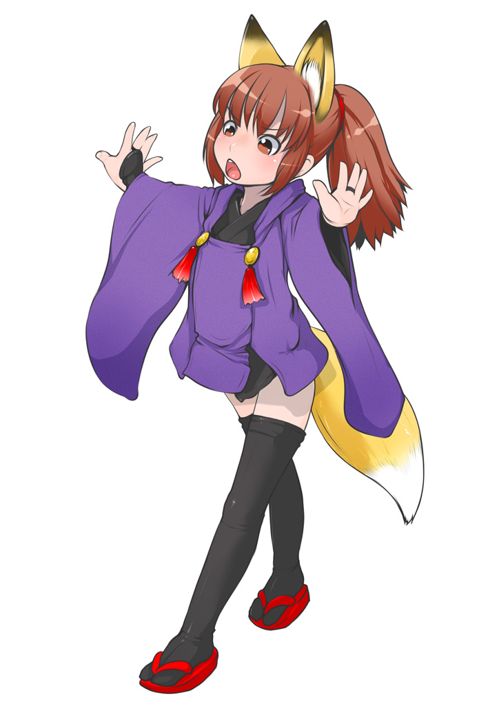 1girl, :o, animal_ears, bad_id, bad_pixiv_id, balancing, black_thighhighs, blush, brown_eyes, brown_hair, chinatsu_(neko_musume_michikusa_nikki), female_focus, fox_ears, fox_tail, geta, j7w, japanese_clothes, kimono, long_sleeves, neko_musume_michikusa_nikki, open_mouth, outstretched_arms, ponytail, short_hair, short_ponytail, simple_background, solo, tail, thighhighs, walking, white_background, wide_sleeves, zettai_ryouiki