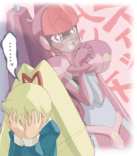 ..., 00s, 2girls, big_hair, blonde_hair, blush, capcom, dual_persona, facepalm, interlocked_fingers, long_hair, lowres, luna_platz_(mega_man), mega_man_(series), mega_man_star_force_(series), midriff, multiple_girls, multiple_persona, ophiuca_(mega_man), own_hands_together, queen_ophiuca_(mega_man), robot, takano_natsuki