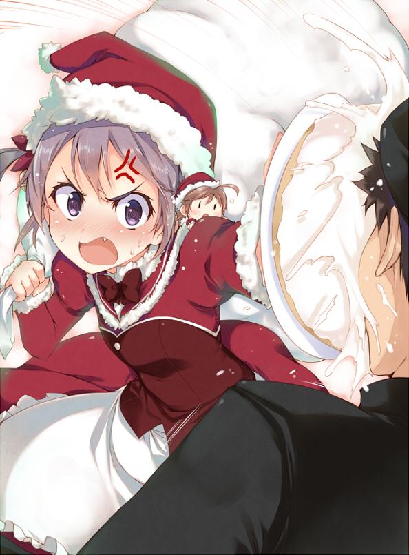 10s, 1boy, 2girls, @_@, admiral_(kancolle), akebono_(kancolle), alternate_costume, anger_vein