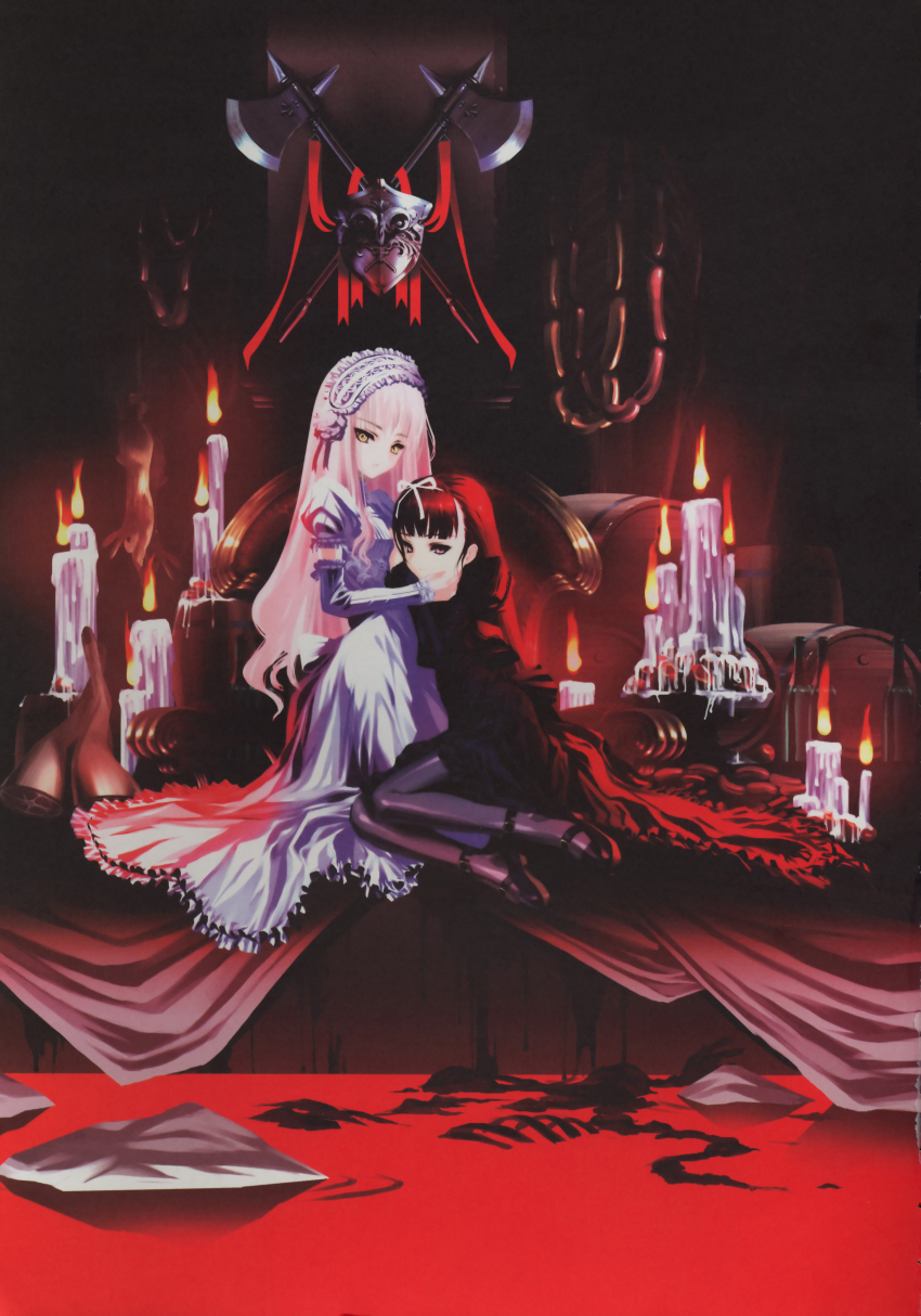 2girls, absurdres, axe, black_hair, black_vs_white, blood, candle, choco_(chocolate_shop)